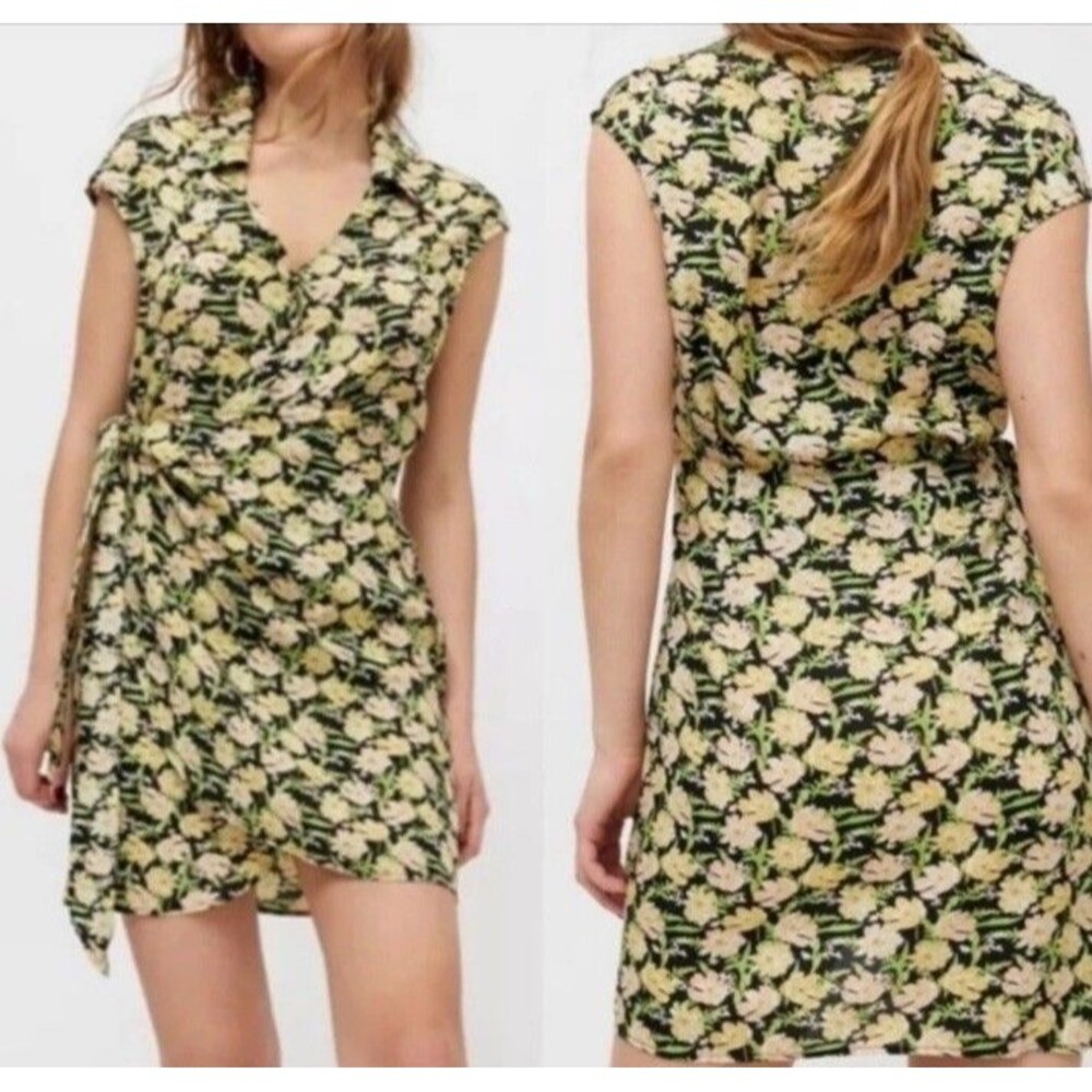 Urban Outfitters Yellow Green Floral Short Sleeve Wrap Dress NEW Sz Medium Boho